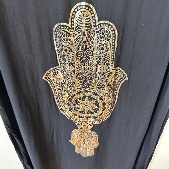 Womens Hamsa Design Black Long Kaftan MuMu Housedress OS Gold Lightweight - Picture 4 of 6